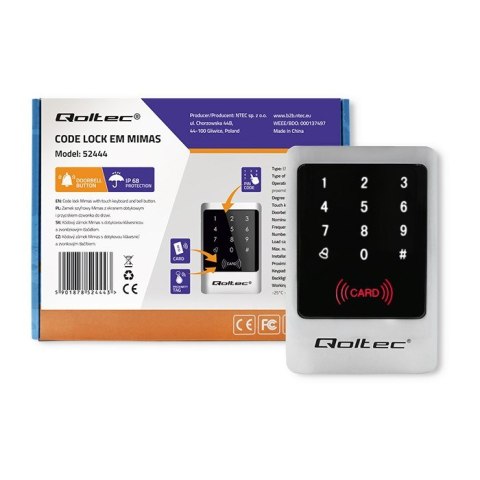 QOLTEC ZAMEK SZYFROWY MIMAS Z CZYTNIKIEM RFID | KOD | KARTA | BRELOK | DZWONEK | IP68 | EM