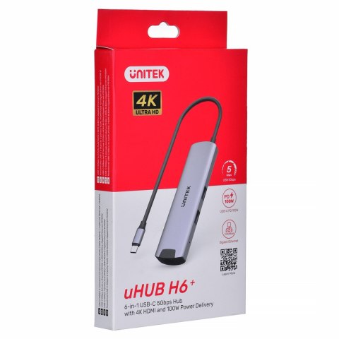 UNITEK AKTYWNY HUB USB-C 5GBPS, HDMI RJ-45 PD 100W