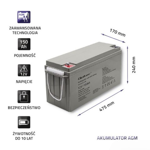 QOLTEC AKUMULATOR AGM 12V | 150AH | MAX.2250A