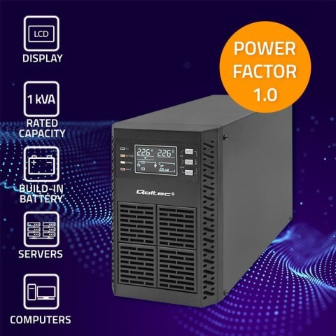 QOLTEC ZASILACZ AWARYJNY UPS 1KVA | 1000W | POWER FACTOR 1.0 | LCD | EPO | USB | ON-LINE