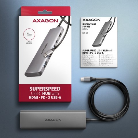 Axagon HMC-5H USB-C 3.2 Gen 1 hub 3x USB-A 4K HDMI PD 100W - Silber Przewodowa USB 3.2 Gen 1 (3.1 Gen 1) Type-C Srebrny