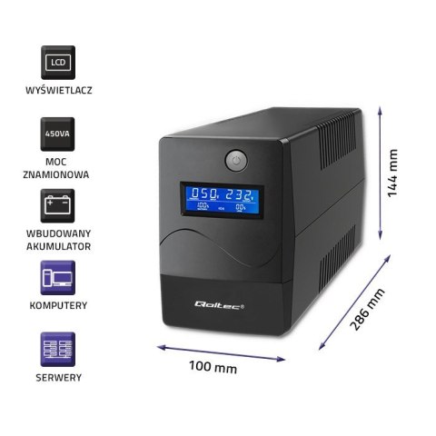 Qoltec 53977 Zasilacz awaryjny UPS | Monolith | 450VA | 240W | LCD | USB | RJ45