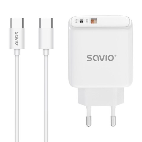 Ładowarka sieciowa z kablem USB-C Savio LA-10 30W Quick Charge, Power Delivery 3.0, biała