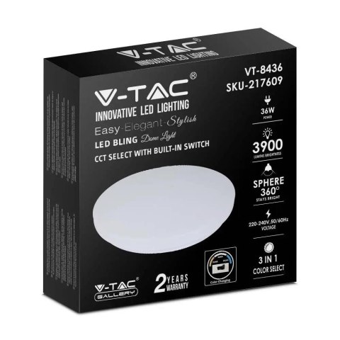 Plafon V-TAC VT-8436-M-N mleczny 36W IP20 CCT 3000K-6400K 3900lm (SKU 217609) Biały