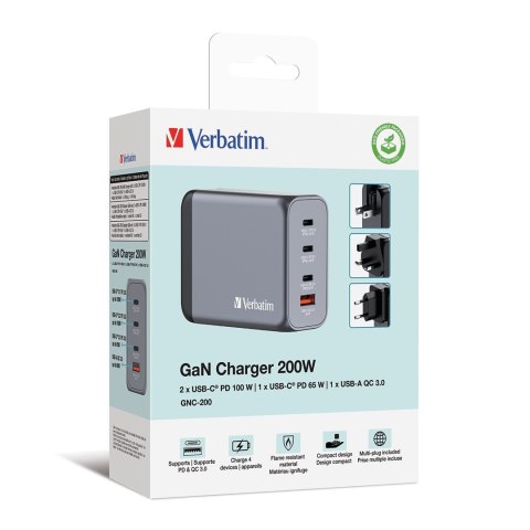 GNC-200 GAN CHARGER 4 PORT 200W/USB A/C (EU/UK/US)