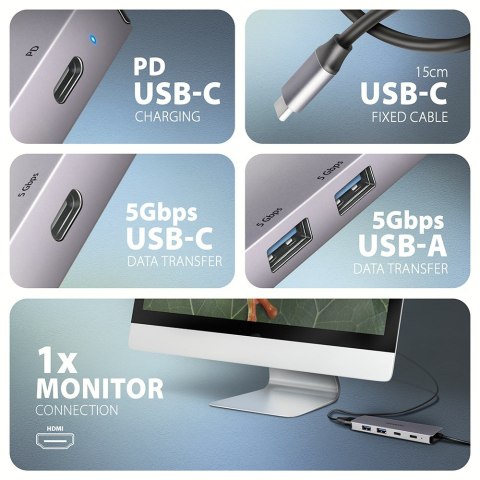 AXAGON HMC-5H60 Hub USB-C 3.2 Gen 1, 2x USB-A, 1x USB-C, 4K 60Hz HDMI, PD 100W, USB-C 15cm