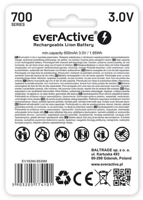 Akumulatorek 16340 / R-CR123 3V everActive 700mAh (1 szt.) z zabezpieczeniem