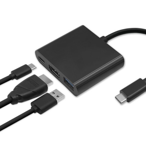 Qoltec Adapter USB 3.1 Typ C męski | HDMI A żeński + USB 3.0 typ A żeński + USB 3.1 Typ C PD | 0.2m | Czarny