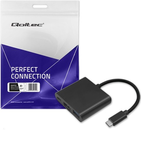 Qoltec Adapter USB 3.1 Typ C męski | HDMI A żeński + USB 3.0 typ A żeński + USB 3.1 Typ C PD | 0.2m | Czarny