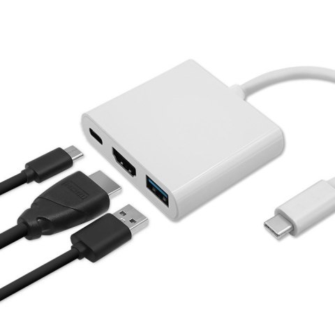 Qoltec Adapter USB 3.1 Typ C męski | HDMI A żeński + USB 3.0 A żeński + USB 3.1 Typ C PD | 0.2m | Biały