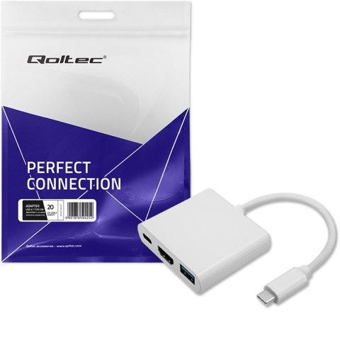 Qoltec Adapter USB 3.1 Typ C męski | HDMI A żeński + USB 3.0 A żeński + USB 3.1 Typ C PD | 0.2m | Biały