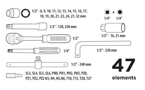 Klucze nasadowe Top Tools 1/4", 1/2" zestaw 47 sztuk