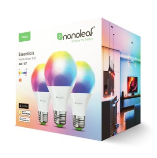 NANOLEAF ESSENTIALS Inteligentne żarówki Bluetooth A60 E27 Matter 9W 806LM kolor RGBCW 2700-6500K (NF080B02-3A19E) 3 szt.