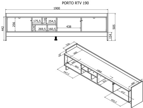 Szafka RTV PORTO 3D 190x38x50 dąb/czarny