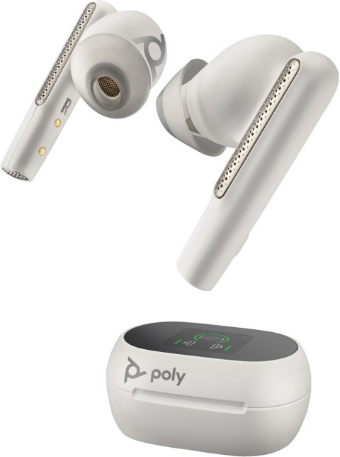 POLY Słuchawki douszne Voyager Free 60+ UC w kolorze białego piasku + adapter USB-A BT700 + etui z ładowarką i ekranem dotykowym