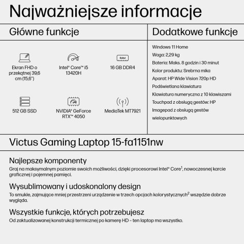 HP Victus 15-fa1151nw i5-13420H 15,6"FHD AG IPS 144Hz 16GB SSD512 RTX 4050_6GB BLKB 70Wh Win11 2Y Mica Silver