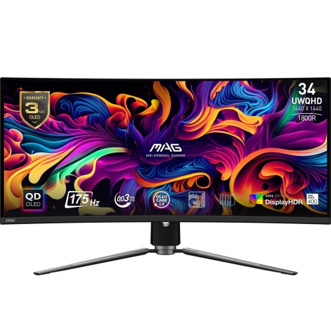 MSI MAG 341CQPDE QD-OLED, 86.4 cm (34") Zakrzywiony, 175Hz, Adaptive Sync, OLED, QD - DP, 2xHDMI