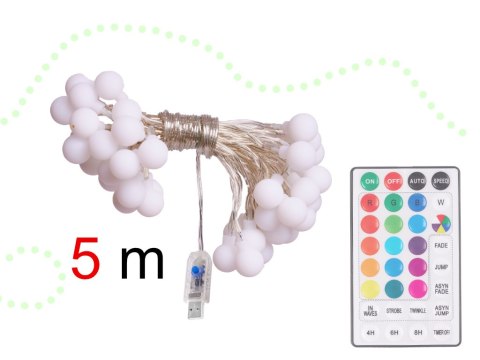 Lampki dekoracyjne LED mini cotton balls 5m 50LED USB + pilot 16 kolorów