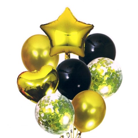 Balony czarno-złote z konfetti 30-46cm zestaw 8szt Balony czarno-złote z konfetti 30-46cm zestaw 8szt