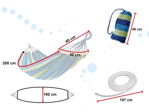 Hamak jednoosobowy 200x100 z drążkiem wzmocniony + zestaw montażowy