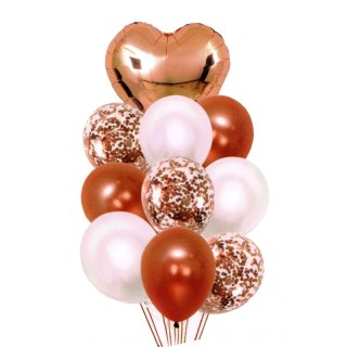 Balony z sercem i konfetti 30-46cm 10szt golden rose