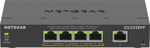 NETGEAR 5-Port Gigabit Ethernet High-Power PoE+ Plus Switch (GS305EPP) Zarządzany L2/L3 Gigabit Ethernet (10/100/1000) Obsługa P