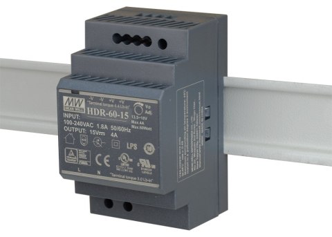 ZASILACZ IMPULSOWY NA SZYNĘ DIN MEAN WELL HDR-60-15 15V/60W/4A ZASILACZ IMPULSOWY NA SZYNĘ DIN MEAN WELL HDR-60-15 15V/60W/4A