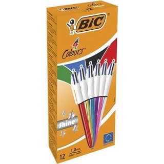 BIC 4 Colours Shine Czarny, Niebieski, Zielony, Czerwony Przyciskany długopis Średni 12 szt.