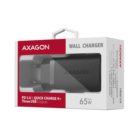 AXAGON ACU-DPQ65 Ładowarka sieciowa, GaN 65W, 3x port (USB-A + dual USB-C), PD3.0/QC4+/PPS/Apple