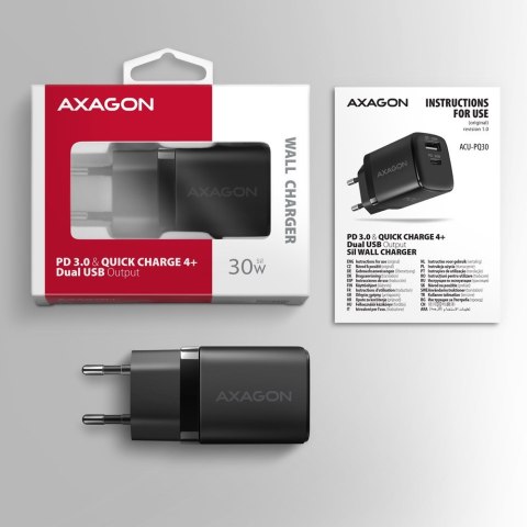 Axagon ACU-PQ30 Ladegerät QC3.0, 4.0/AFC/FCP/PPS/Apple+ PD USB-C, 30W - schwarz - Kompaktes Ladegerät - 1x USB-C und 1x USB-A Te