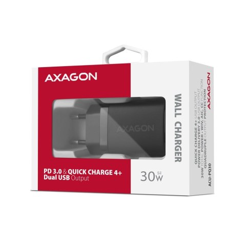 Axagon ACU-PQ30 Ladegerät QC3.0, 4.0/AFC/FCP/PPS/Apple+ PD USB-C, 30W - schwarz - Kompaktes Ladegerät - 1x USB-C und 1x USB-A Te