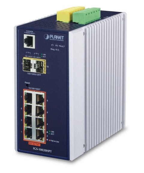 PLANET IGS-10020HPT łącza sieciowe Zarządzany L2+ Gigabit Ethernet (10/100/1000) Obsługa PoE Czarny, Biały