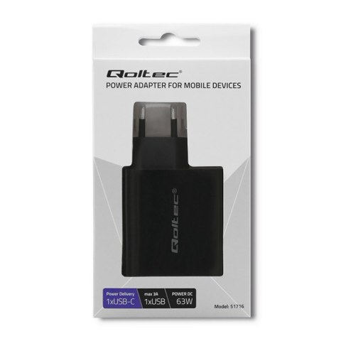 QOLTEC ŁADOWARKA SIECIOWA 63W | 5-20V | 1.5-3A | USB TYP C PD | USB QC 3.0 | CZARNA