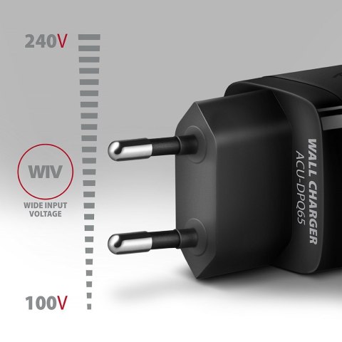 AXAGON ACU-DPQ65 Ładowarka sieciowa, GaN 65W, 3x port (USB-A + dual USB-C), PD3.0/QC4+/PPS/Apple