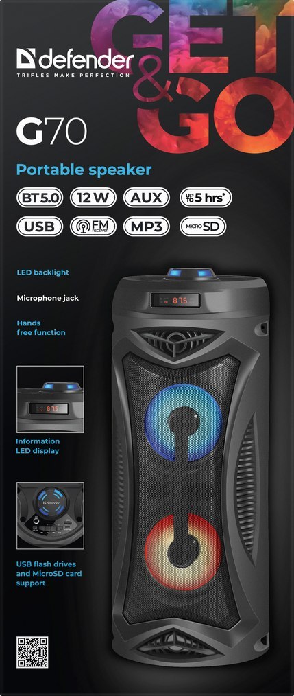 GŁOŚNIK DEFENDER G70 BLUETOOTH 12W BT/FM/TF/MIC LIGHTS