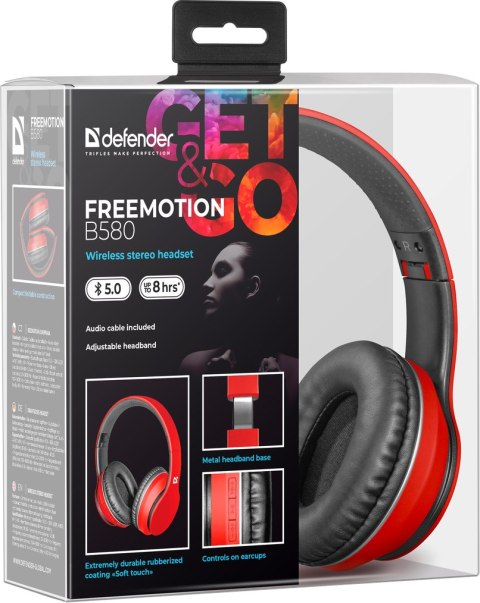 SŁUCHAWKI DEFENDER BLUETOOTH FREEMOTION B580 CZERWONE