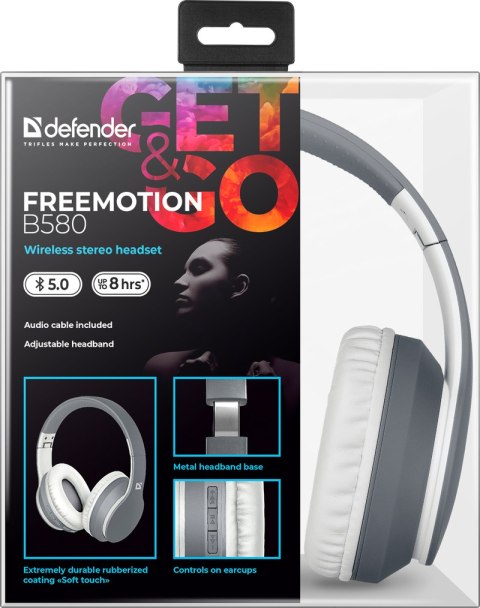 SŁUCHAWKI DEFENDER BLUETOOTH FREEMOTION B580 SZARE