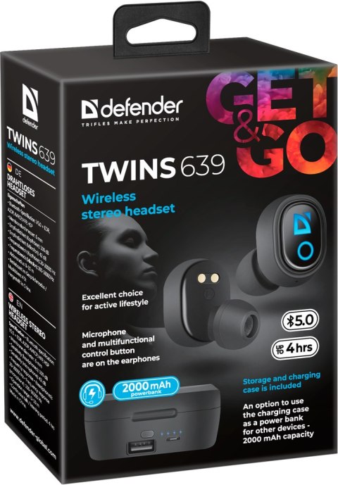 SŁUCHAWKI DEFENDER BLUETOOTH TWINS 639 CZARNE