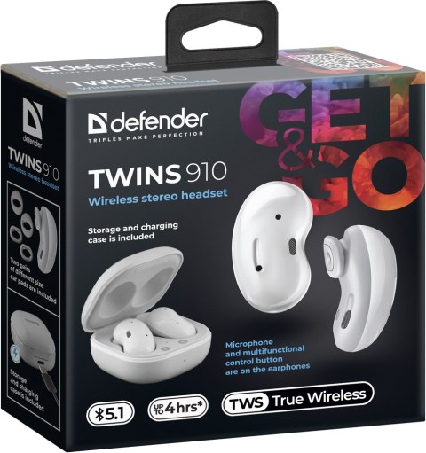 SŁUCHAWKI DEFENDER BLUETOOTH TWINS 910 BIAŁE