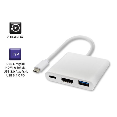 Qoltec Adapter USB 3.1 Typ C męski | HDMI A żeński + USB 3.0 A żeński + USB 3.1 Typ C PD | 0.2m | Biały