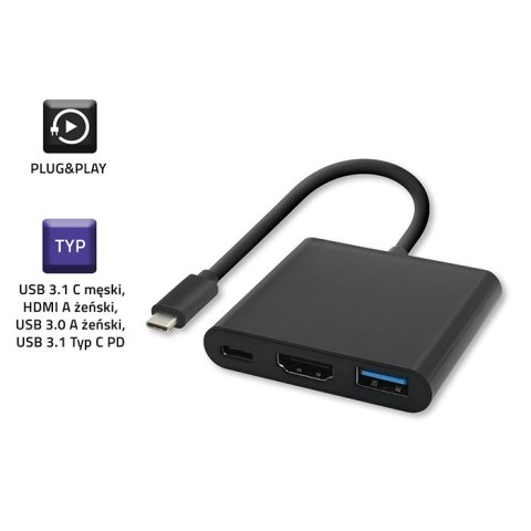 Qoltec Adapter USB 3.1 Typ C męski | HDMI A żeński + USB 3.0 typ A żeński + USB 3.1 Typ C PD | 0.2m | Czarny