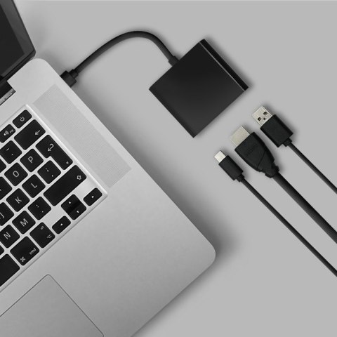 Qoltec Adapter USB 3.1 Typ C męski | HDMI A żeński + USB 3.0 typ A żeński + USB 3.1 Typ C PD | 0.2m | Czarny