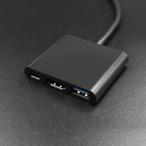 Qoltec Adapter USB 3.1 Typ C męski | HDMI A żeński + USB 3.0 typ A żeński + USB 3.1 Typ C PD | 0.2m | Czarny