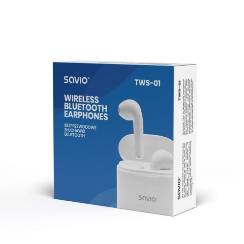 Słuchawki bezprzewodowe SAVIO TWS-01 (douszne; bezprzewodowe, Bluetooth; z wbudowanym mikrofonem; kolor biały