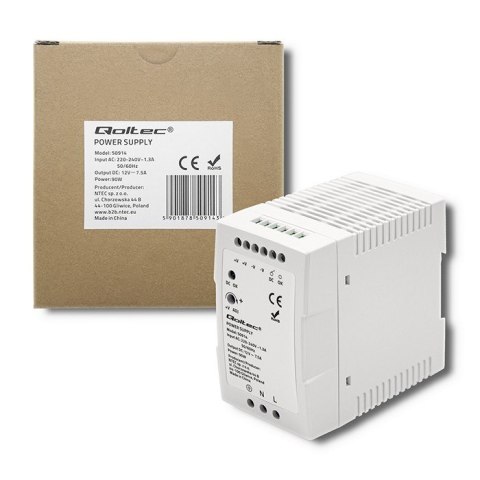 QOLTEC ZASILACZ NA SZYNĘ DIN 90W | 12V | 7.5A | BIAŁY | SLIM QOLTEC ZASILACZ NA SZYNĘ DIN 90W | 12V | 7.5A | BIAŁY | SLIM