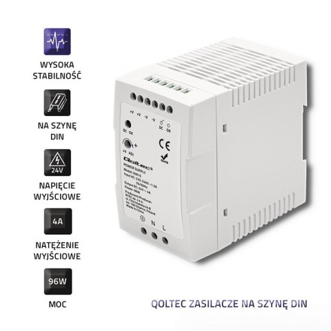 QOLTEC ZASILACZ NA SZYNĘ DIN 96W | 24V | 4A | BIAŁY | SLIM QOLTEC ZASILACZ NA SZYNĘ DIN 96W | 24V | 4A | BIAŁY | SLIM
