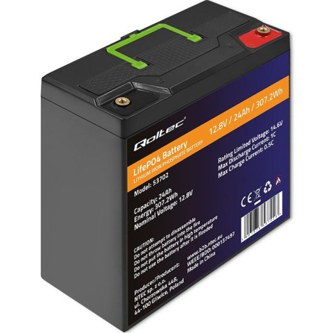 QOLTEC AKUMULATOR LIFEPO4 LITOWO-ŻELAZOWO-FOSFORANOWY | 12.8V | 24AH | 307.2WH | BMS QOLTEC AKUMULATOR LIFEPO4 LITOWO-ŻELAZOWO-FOSFORANOWY | 12.8V | 24AH | 307.2WH | BMS