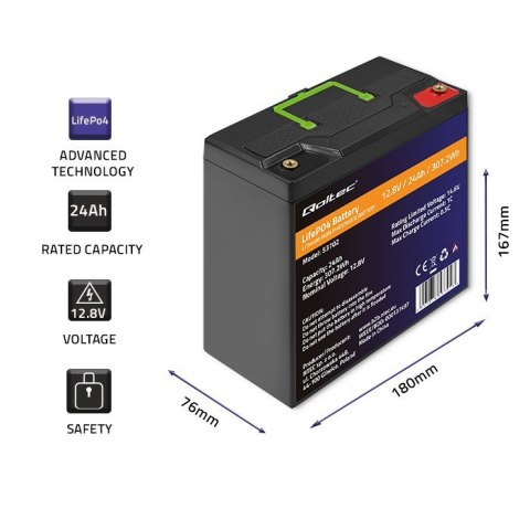 QOLTEC AKUMULATOR LIFEPO4 LITOWO-ŻELAZOWO-FOSFORANOWY | 12.8V | 24AH | 307.2WH | BMS QOLTEC AKUMULATOR LIFEPO4 LITOWO-ŻELAZOWO-FOSFORANOWY | 12.8V | 24AH | 307.2WH | BMS