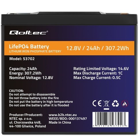 QOLTEC AKUMULATOR LIFEPO4 LITOWO-ŻELAZOWO-FOSFORANOWY | 12.8V | 24AH | 307.2WH | BMS QOLTEC AKUMULATOR LIFEPO4 LITOWO-ŻELAZOWO-FOSFORANOWY | 12.8V | 24AH | 307.2WH | BMS