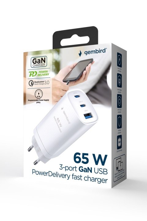 GEMBIRD SZYBKA ŁADOWARKA USB POWER DELIVERY USB TYPU C, 3X USB, 65 W, GAN BIAŁA GEMBIRD SZYBKA ŁADOWARKA USB POWER DELIVERY USB TYPU C, 3X USB, 65 W, GAN BIAŁA